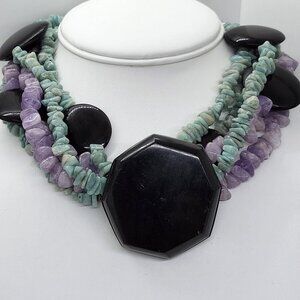 Vintage Semiprecious Gem Stones Heavy Necklace With‎ Wooden Clasp